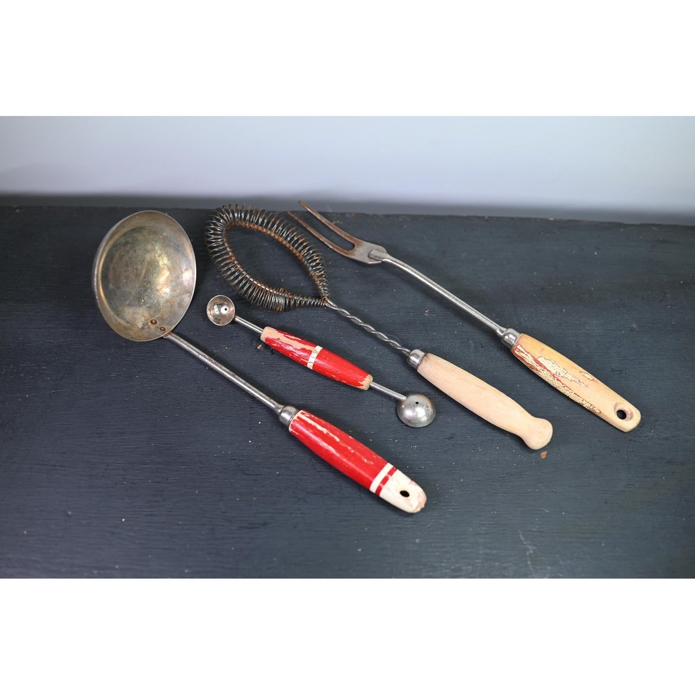 Vintage Red Kitchen Utensils Lot Ladle Whisk Melon Baller Fork Wood Handles